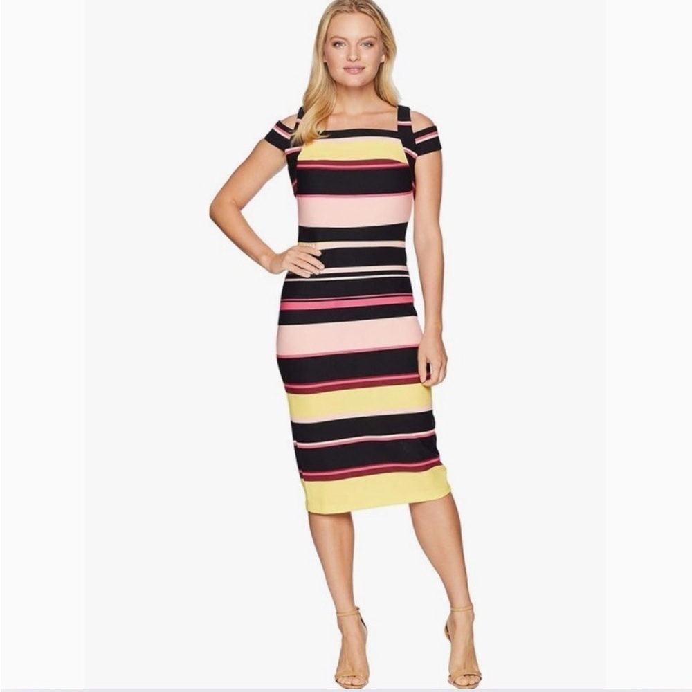 NWT ECI Dress size 2 multicolor Black Yellow Pink Bodycon Midi